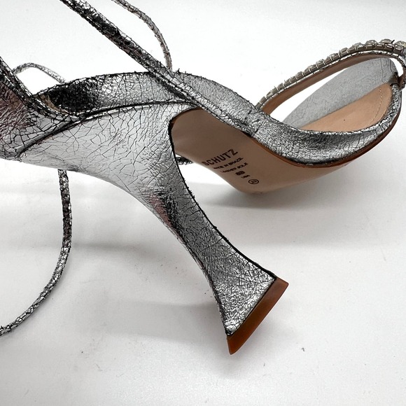SCHUTZ Bellin Heels Womens 6 Silver Metallic Jeweled Ankle Wrap Strappy Sandal - Picture 12 of 14